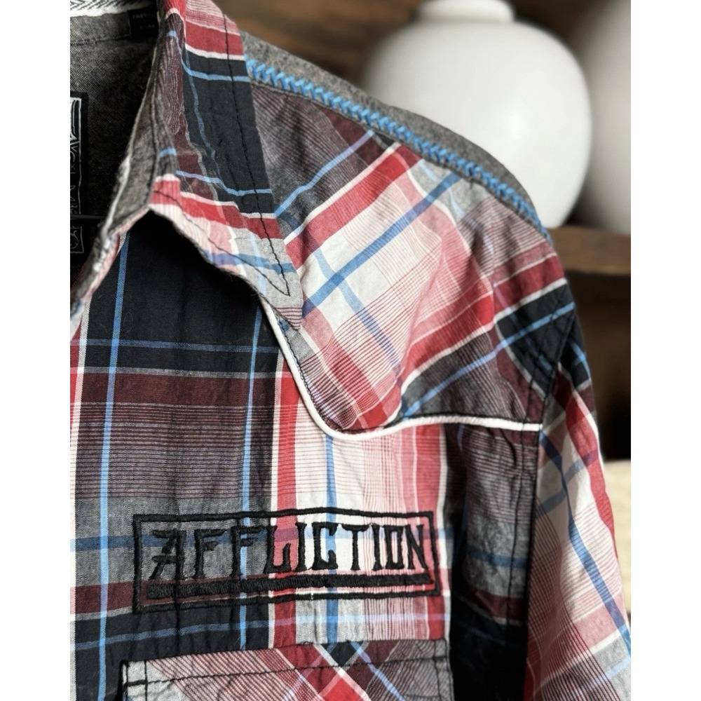 Affliction Black Premium Men's L Western Red Plaid Pearl Snap Shirt Embroidered - Picture 3 of 8